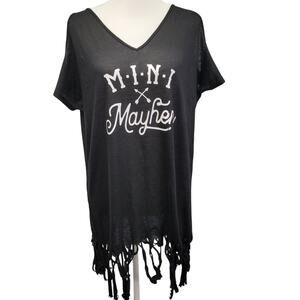 Hand Printed Upcycled Womens Small Mini Mayhem Cold Shoulder Fringed Shirt